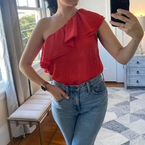 100% Silk Rebecca Taylor red one-sleeve tank top